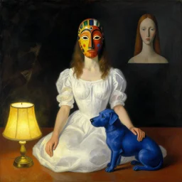 dream infusion in a woman with white dress and colorful primitive mask and blue dog. lamp light. henri de toulouse - lautrec, rene magritte, max ernst, walton ford