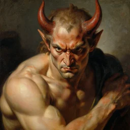 Male, muscular warrior fighting devil, detailed face, correct face, painting by Gaston Bussiere, Craig Mullins