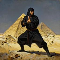 a dark orientalist portrait of an egyptian / arabic style kung fu - monk in a fighting stance on top of a pyramid overlooking the ancient ruins city of luxor, painted by anders zorn and craig mullins