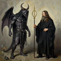 baphomet and Aleister Crowley, in the style of Grant Wood