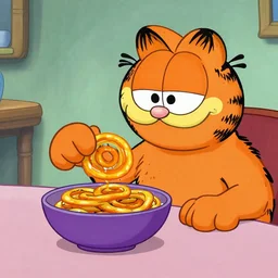 Tintin feeding Garfield a Jalebi in a purple bowl