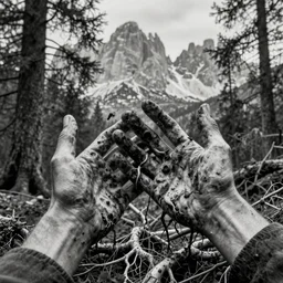 ego perspective photography of own hands, rotting, getting overgrown by roots, forest, dolomites, alpine, detailed intricate insanely detailed octane render, 8k artistic 1920s photography, photorealistic, black and white, chiaroscuro, hd, by David Cronenberg, Raphael, Caravaggio