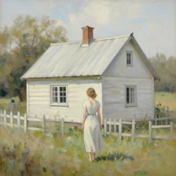 a woman by a cottage, oil painting, pale colors, high detail, 8 k, wide angle, trending on artstation
