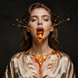 portrait of a girl, in a silk robe, honey dripping down her top to bottom, petrolium erupting out of her mouth, hyperrealistic, hightech