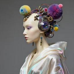 beautiful female predator fused with jason and the fly, portrait, ivory profile face, futuristic haute couture draped in silk, glowwave, iris van herpin, headdress with technical object and bullets and electrical wires, colorful puffballs, hyper detailed, ultra sharp, 8 k