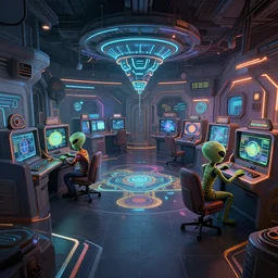 two alien playing game at its spacious gaming room, hi - tech gaming setup, intricate, led lights, 1 9 3 0 s, indoor, spacious, artstation, art by colin campbell cooper