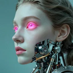 hyperrealistic very deatiled profile rococo female face with neon pink eyes and mechanical mouth Stanley Artgermm very soft teal lighting wide angle 35mm shallow depth of field 8k
