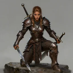 Female barbarian, heavy brown metallic armor, swords, gorgeous and beautiful, light brown messy hair, dark skin, brown eyes, detailed face, battle stance, high fantasy, extremely detailed, alone, on a rock, DND, D&D, matte painting, by wlop and peter mohrbacher