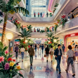 concept art, crowded retro - futurist mall, watercolour, reflections, dramatic lighting, beautiful plants, colourful flowers, floor lamps, multi - level, bladerunner, james jean, gerald brom, syd mead, akihiko yoshida, cinematic