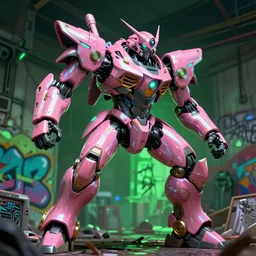 hyperrealistic hyperdetailed graffiti mecha iridescent pink fighting in war concept art santiago caruso de chirico sharp very dramatic green light 8k low angle shallow depth of field