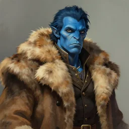 portrait of a blue-skinned man wearing a fur coat, illustration, fantasy, by Bowater, Charlie, trending on ArtStation, masterpiece