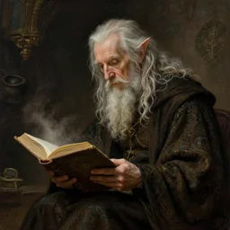 a 1 3 th century, enigmatic, melancholic, fae wizard ( look like ( ( eighty years old christopher lee ) ), is ( ( reading an old book ) ). light dust, magnificent, hyperdetailed, theatrical, painted by arthur rackham