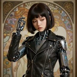 a portrait of a cute female robot wearing a leather motorcycle jacket, intricate mechanical parts, sad face, wistful expression, bob cut hair, cinematic, intricate details and textures, soft lighting, epic pose, by artgerm, greg rutkowski, alphonse mucha, 8 k