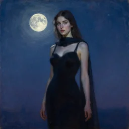 lush celestial twilight priestess, bringer of starlight, ethnic, clear eyes, statuesque, gazelle - like, femme fatale, radiant skin, dark gown and scarf, svelte fashion design, bathed in moonlight, chiaroscuro, impressionism, silhouette, subtle highlights, oil on canvas