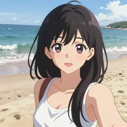 anime girl selfie at the beach,