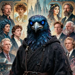 realistic detailed portrait movie still of a birdman wearing dark robes, sci fi city landscape background by denis villeneuve, amano, yves tanguy, alphonse mucha, ernst haeckel, max ernst, roger dean, ridley scott, masterpiece, rich moody colours, blue eyes, snarling dog teeth