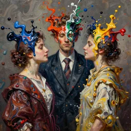men and women in expansive clothes changing their heads, fluid paint + colour splashes, mid shot, extremely high details quality, bao phan, viktor safonkin, bruce pennington, larry elmore, intricate, hyperrealistic oil painting on canvas, deep depth field, hd, hdr, 4 k, 8 k