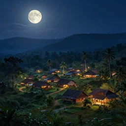 Lively moonlit landscape of a kerala village, realistic detailed digital art by Maxwell Boas Jessica Rossier Christian Dimitrov Anton Fadeev trending on Artstation CGSociety rendered in Unreal Engine 4k HQ
