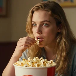 photo of tessa eating popcorn, high detail, cinematic, beautiful lighting, fowler, wide angle, warm light, 8k, realistic,