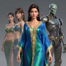 a beautiful woman  wearing a blue and green  kaftan made of silk with golden ornaments and diamonds by alex gray and android jones , Karol Bak, Ayami Kojima, Amano , concept art, character design, fantasy,3D, 8k resolution