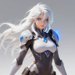 gorgeous warrior woman, white long messy hair and blue eyes, overwatch style, arcane, highly detailed, digital art, pixiv fanbox, trending on artstation, ray tracing, volumetric lighting, sharp focus, hq, by artgerm, wlop, greg rutkowski, miyazaki hayao