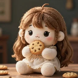 cute fumo plush of a girl who loves eating cookies
