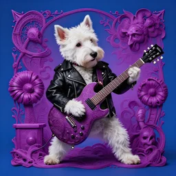 a white terrier dog in a black leather biker jacket playing a guitar solo style of beksinski, intricate composition, magentaby caravaggio, highly quality, highly detailed, masterpiece, blue light, artstation