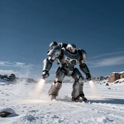 a huge mechwarrior as armored core v running across the open snow field, booster flares, dark blue sky, empty snow field, snow, karst landscape, wide shot ; dynamic contrast, bokeh, motion blur, photoreal, cinematic, digital art by liam wong