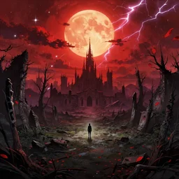 abandoned bloodborne old valley with a person at the centre and a ruined gothic city at the end, trees and stars in the background, falling red petals, epic red - orange moonlight, perfect lightning, wallpaper illustration by niko delort and kentaro miura, 4 k, ultra realistic