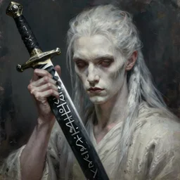 fantasy painting of a pale man with a black blade covered in runes, painted by Bayard Wu, ultra detailed, 8k
