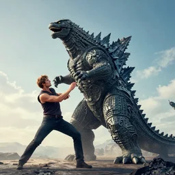 a Caucasian fighting Godzilla