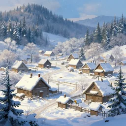 Beautiful detailed high quality illustration of an old Slavic village, beautiful forest on background::vibrant winter, romantic mood::art by Ghibli Studio, League of Legends, Arcane, Wild Rift, trending on artstation