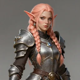 woman firbolg from dungeons and dragons wearing armor with long braided peach color hair, d & d digital character illustration, artstation trending, artstation dungeons and dragons firbolg, intricate, sharp focus, illustration, highly detailed, digital painting, cell shaded, concept art, matte, art by simon fetscher and jesse carpenter and prywinko art and michelle tolo, character art by max berthelot and greg rutkowski, studio quality, masterpiece