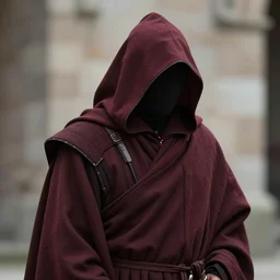monk dressed in medieval clothing, face obscured by hood, medium shot angle