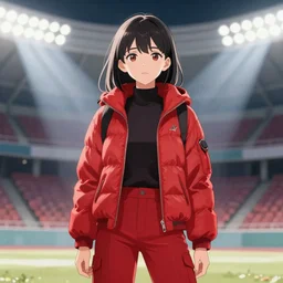 Video Girl Ai, wearing a red puffer jacket and red pants, standing in a stadium, white light shining on her