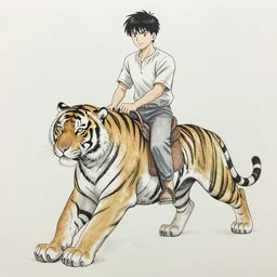 a human man riding a tiger, in anime style, detailed pen drawing