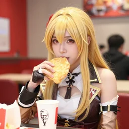 portrait photo still of real life lucina!!!! ( fire emblem ) eating kfc, 8 k, 8 5 mm f 1. 8, medium shot