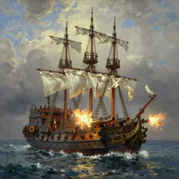 massive pirate ship firing cannons by ivan aivazovsky
