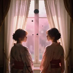 over the shoulder photography of two females in open kimonos models behind white curtains in old victorian room, dramatic light, cinestill, flying black marble balls, filmstill, bokeh, long exposure, god rays, magic hour, pink light, warm colors