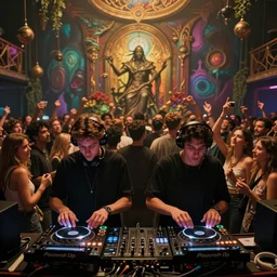 2 djs playing music in front of a crowd ,painted art in the style of arcane, highly detailed, trending on artstationhq, cinematic
