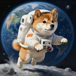 painted closeup of a cute shiba inu astronaut, jumping on the moon, the earth in the background, gravity, fantasy intricate elegant extremely detailed digital painting trending artstation concept art sharp focus illustration art by gustave courbet greg rutkowski craig mullins