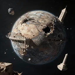 a destroyed planet floating in space. buildings and monuments drifting in space.
