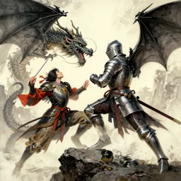 “ dragon fighting knight in the style of larry elmore ”