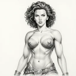 muscular scarlett johansson as possidon god, pencil and ink, afro samurai anime style, black and white, dramatic lighting, soaking wet, heavy rain!