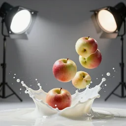 apples falling, milk splashing, studio lighting, advertising photo, high speed photography
