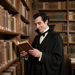 nosferatu dracula as a librarian vampire happily looking through books in a giant library, vintage photograph