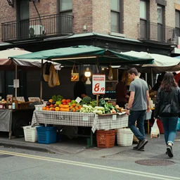 a photo of a market stall at a street corner in the style of the film'minority report'taken from a distance, dslr