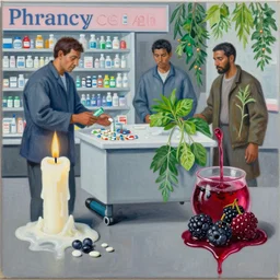 “ pharmacy, street hawkers, medical supplies, pills and medicine, medicinal herbs, a candle dripping white wax, squashed berries, berry juice drips, acrylic and spray paint and oilstick on canvas, surrealism, neoexpressionism ”