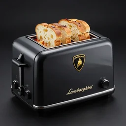 a lamborghini brand toaster, sliced bread in slots, aggressive futuristic design, bold (lamborghini) style, heated coils, professional product shot
