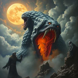 concept art of giant alien kaiju, lovecraftian, roaring, melting horror, round moon, rich clouds, fighting the horrors of the unknown, mirrors, very detailed, volumetric light, mist, grim, fine art, decaying, textured oil over canvas, epic fantasy art, very colorful, ornate scales, anato finnstark